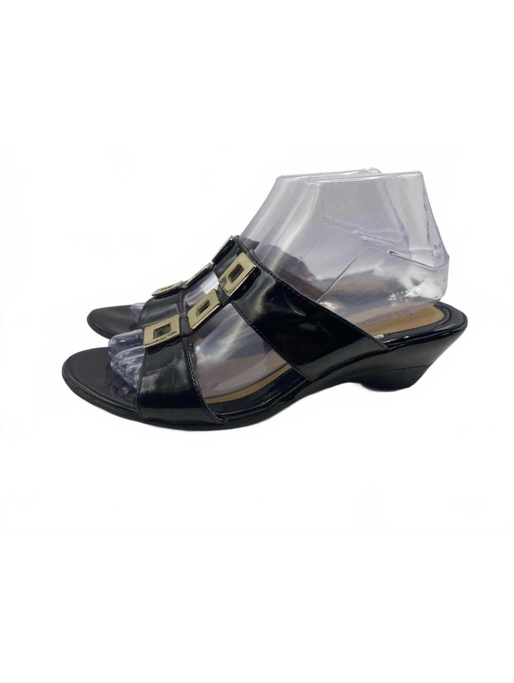 Merona Wedge Heel Sandals Women's Size US 8 Black Patent Leather Gold Accents